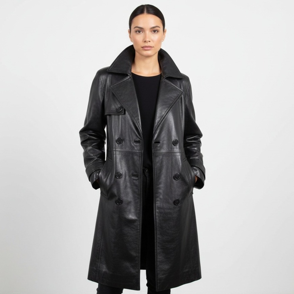 Fairbrooke Trench Coat Womens Sz 8 Black Lamb Leather Double Breasted Goth Retro